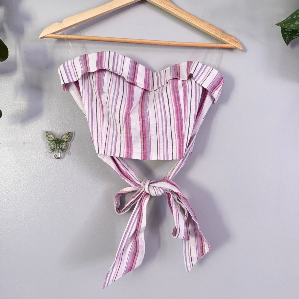 Dee Elly Tube Top Festival Fairy Pink Purple Stripe Linen Tie Front Wmns Small